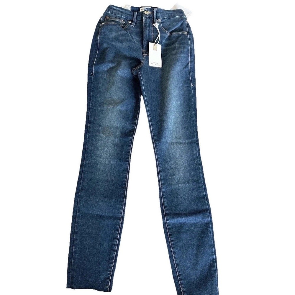 New Good American Skinny Jeans 23 Waist Stretch 27" Inseam 10" Rise Raw Hem